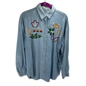 Women's Button Up Shirt Embroidered Maple Acorn Oak Oversized Vintage Blue XL